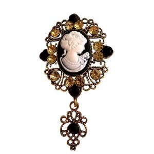 Vintage Style Cameo Brooch Pin Gold Tone Rhinestone Filigree Drop Victorian Goth